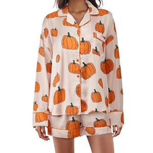 MBZJSDKHLK Women's Halloween Pajamas Set Silk Satin Pumpkin Print Long Sleeve Button Down Shirt 2 Piece Pjs Shorts Sets, M