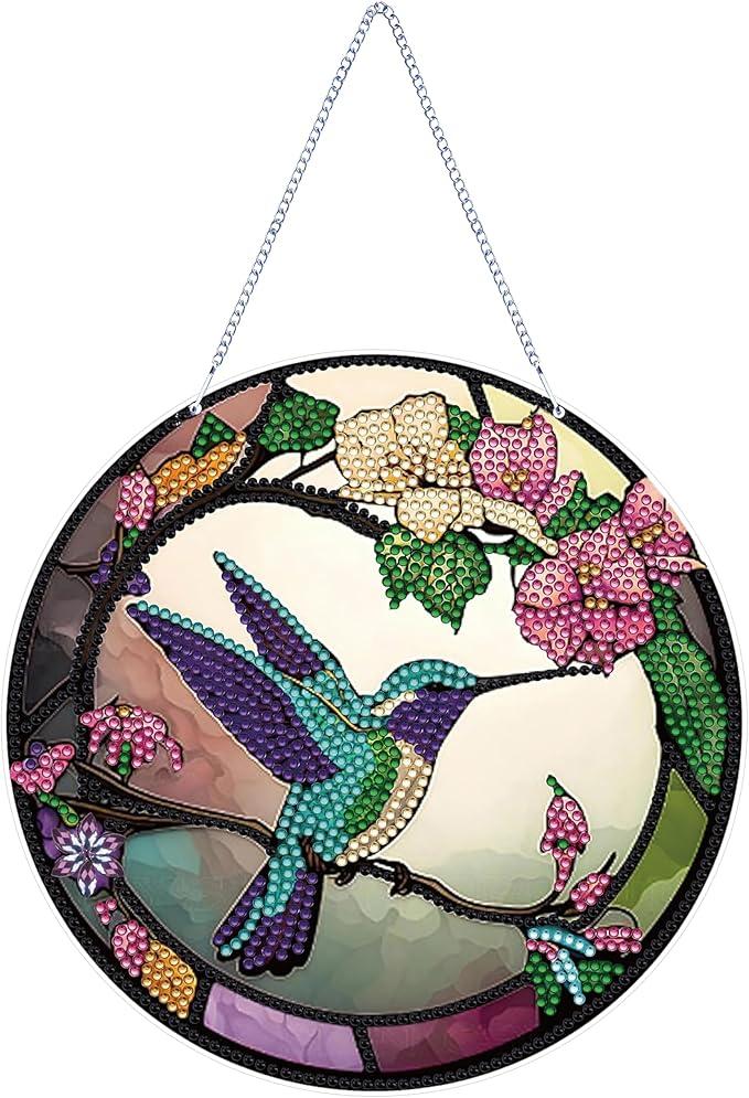 LYENYI DIY 5D Flowers Hummingbird Diamond Painting Kits Hanging Sign Wall Art Sign Bird Diamond Art Suncatcher Window Hanging Ornament Window Pendants Home Garden Wall Door