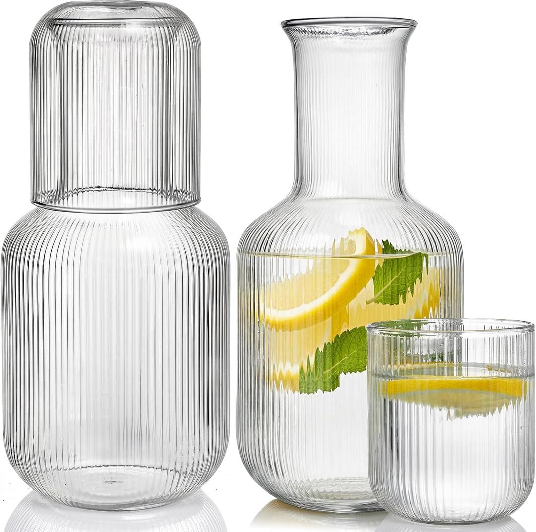 Bekith 2 Set 25 OZ Bedside Night Water Carafe with Tumbler Glass, Vertical Stripes Clear Glass Carafe for Bedroom Guest Room Nightstand, Mouthwash Decanter for Bathroom, Water Pitcher Set (4-Piece)