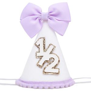 Purple Bow 1/2 Birthday Hat - Sweet 6 Months Birthday Party Decorations,Purple Cake Smash Cone Hat,Little Princess Bow Crown,Half Way to One Party Photo Props
