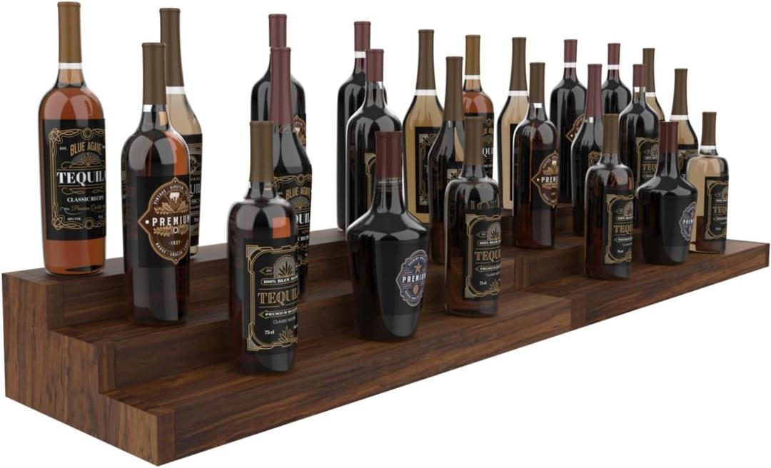 tongmo 2 Pack Liquor Bottle Stand - 3 Tier Liquor Bar Bottle Display Shelf, Holds 42 Bottles, Real Wood, Easy to Clean, No Installation Required - 30 Inch Each (Dark Walnut)