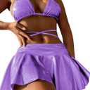 DaiLiWei 3 Piece Swimsuits for Women Festival Rave Outfits Metallic Glitter Bikini Sets Sexy Bathing Suit Beach Skirt 2026 (Purple, S)