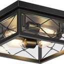 Asnxcju 12" Square Flush Mount Ceiling Light with Clear Glass Shade, 4-Light Farmhouse Outdoor Porch Ceiling Light Fixtures, Black Hallway Light Fixtures Mount for Garage Living Room Foyer