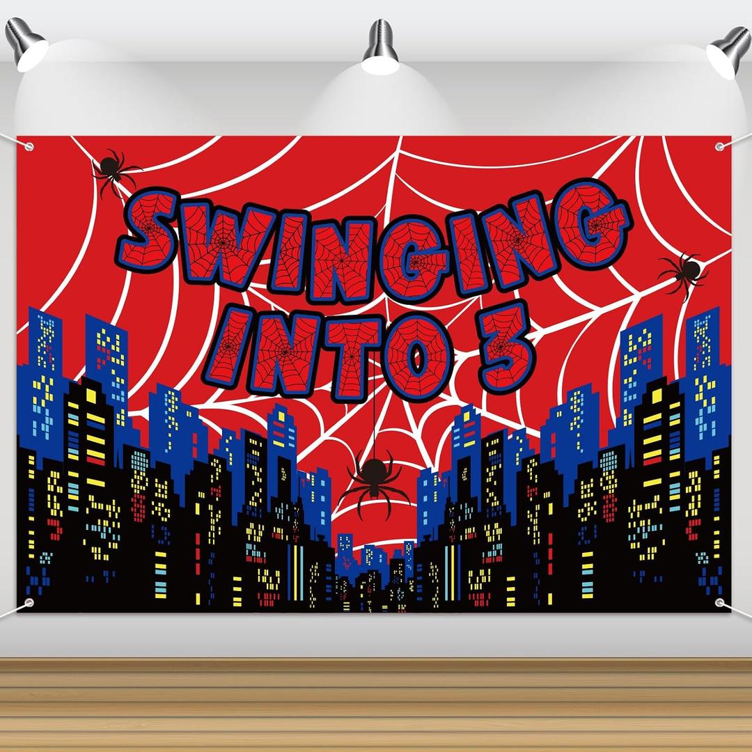 Spider Web Backdrop, 180x120cm/5.91x3.94ft 3 Years Old Red Spider Theme Birthday Decoration for Boys Girls Photo Prop