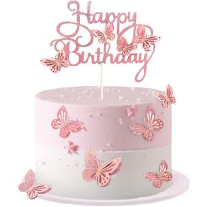 13-Pieces 3D Butterfly Cupcake Topper for Girls Women's Happy Birthday Cake Decorations Party Decorations(Pink)