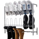 MyGift Premium Silver Metal Hanging Wall Shoe Rack for Walk in Closet, Mudroom and Entryway, Wall Mounted Space Saving Boot and Shoe Rack Organizer, Holds 9 Pairs