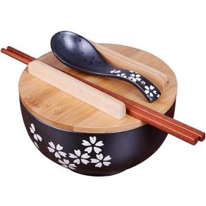Japanese ramen noodle bowl black rice bowls with Lid Spoon ramen bowl noodle bowls with chopsticks