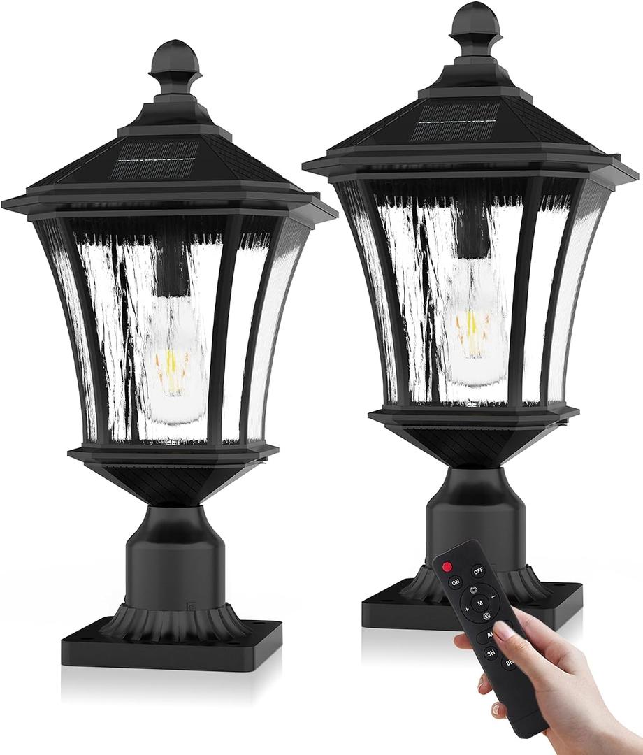 Lovus Solar Post Lights with Pier Mount Base, 19'' H Aluminum Solar Lamp Post Light, 2700K/4000K/6000K Dusk to Dawn Pole Lights Outdoor for Pathway Pillar Yard Patio, Remote Control, Black-2PACK, 3CCT2PackRemote