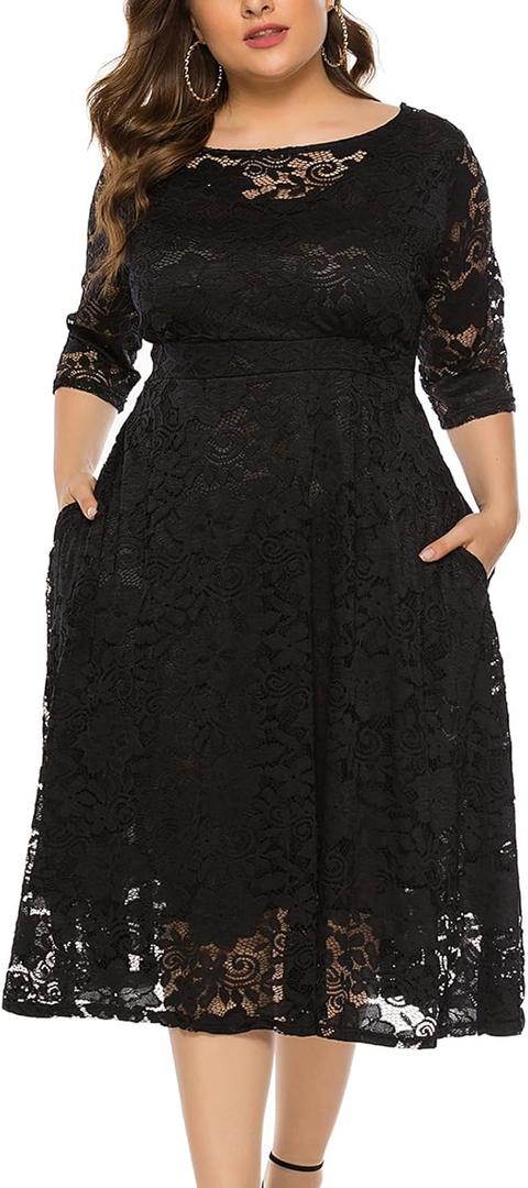 Eternatastic Womens Floral lace Plus Size Midi Dress Scooped Neckline Cocktail Party Dresses (XX-Large, Black Floral-134) Eternatastic Womens Floral lace Plus Size Midi Dress Scooped Neckline Cocktail Party Dresses (XX-Large, Black Floral-134)