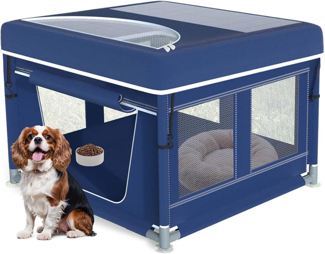 Dog Playpen with Cover 42 × 42 Inch, Puppy PlayPen with Gate for Puppies, Pet PlayPen with Roof for Outdoors & Indoors, Thickened Fabric, Safe & Sturdy Dog Fence