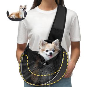 Detachable Hard Bottom Dog Sling for Small Dogs & Cats Up to 10 lbs- Upgraded Breathable Mesh, Adjustable Strap & Large Pocket - Hands-Free Pet Carrier for Travel Walking Hiking (Black Size S)