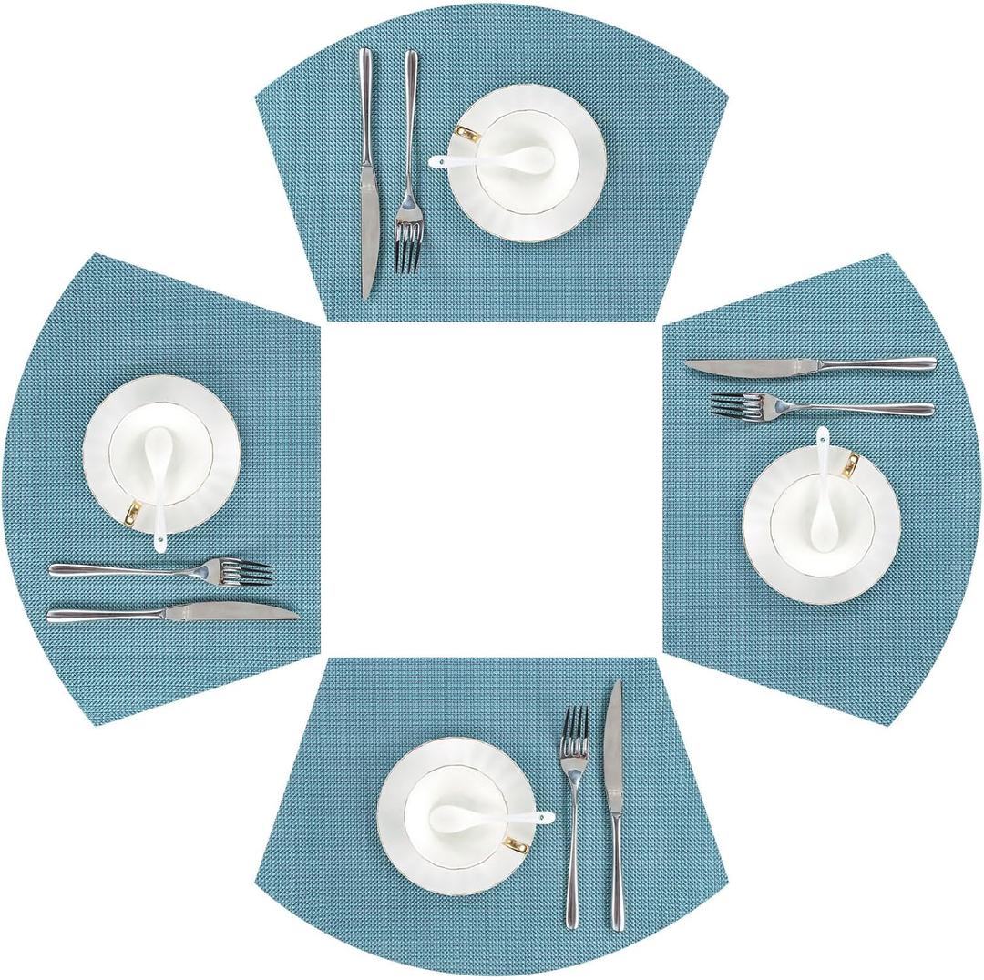 SHACOS Round Table Placemats Set of 4 Small Wedge Placemat Wipe Clean Heat Resistant Woven Vinyl Round Table Mats (4, Gray Blue)