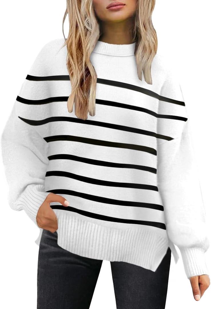 Lylinan Cozy Oversized Sweater for Women Side Slit Knit Pullover Crewneck Top for Fall Winter Outfits XS-XXL (White, M)