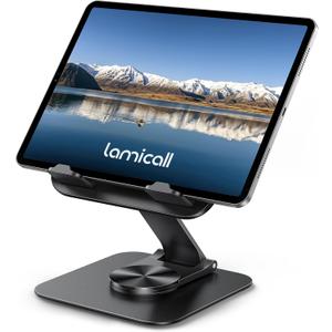 Lamicall Adjustable iPad Stand for Desk - [Ultra-Slim Foldable][360Rotation] Tablet Stand with Heavy-Duty Base, Tablet Holder Gifts for 4.7-13" Devices, 2025 iPad Pro Air Mini, Kindle, iPhone 17 Pro (Black)