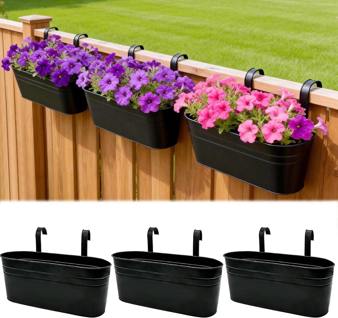SYITCUN Metal Railing Planter Boxes 16 Inch, 3-Pack Adjustable Hanging Flower Pots for Balcony, Deck, Porch & Fence, Detachable Hook Design, Black Heavy Duty Planters for Outdoor