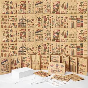 Harloon 200 Pack Happy Birthday Card Assorted Bulk with Blank Envelopes and Stickers 4 x 6 Inches Greeting Blank Happy Birthday Cards for Men Women Adults Kids, 20 Styles(Kraft Style)