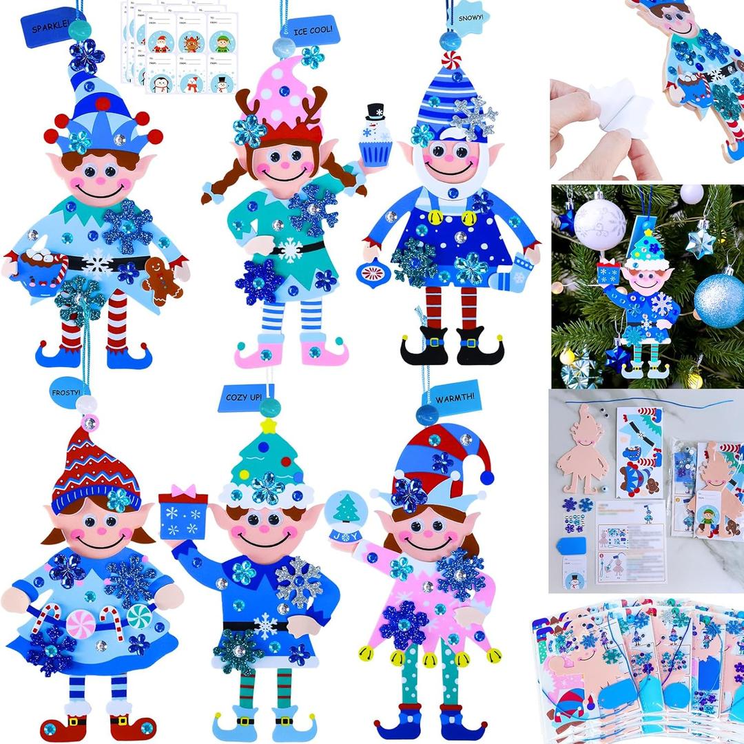 Winlyn 24 Sets Winter Decorations DIY Elf Ornaments Christmas Craft Kits Foam Elf with Snowflake Festive Foam Stickers for Kids Holiday Seasonal Gift Home Classroom Activities Party Favors