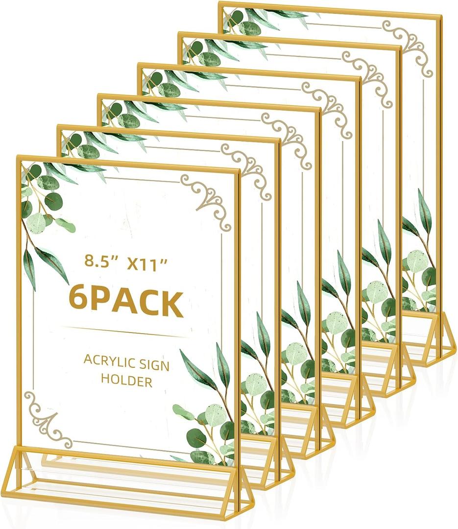 8.5x11 Picture Frame Gold Acrylic Sign Holder, Double Sided Gold Frames Display Stand for Wedding Signs Table Numbers, Pack of 6