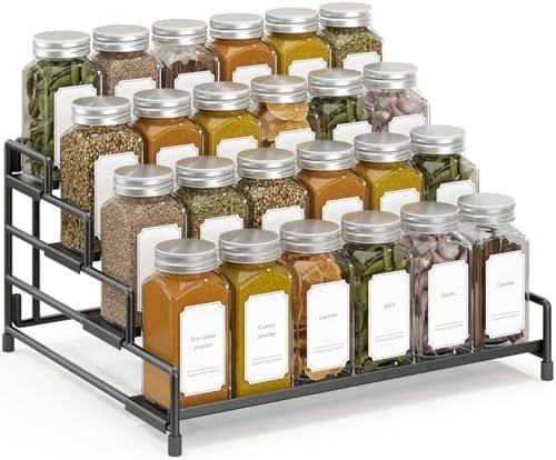 RUILALIFE 3-Tier-Spice-Rack-Organizer-for-Cabinet, Adjustable Depth Spice Holder Shelf For Countertop Pantry Cupboard, Metal Tiered Seasoning Organizer,Display Shelf Riser (Black-1 Pack)
