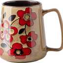 Large 24 oz Ceramic Coffee Mug with Handle, Vintage Floral Coffee Cup, Extra Big Tea Cup for Office and Home, Dishwasher and Microwave Safe, Khaki with Red Flower