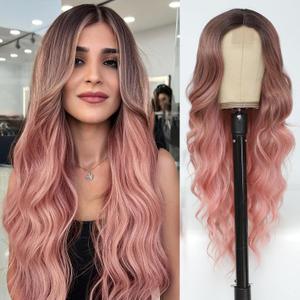 NAYOO Long Wavy Auburn Wigs for Women Middle Part Wavy Curly Wig with Dark Roots Synthetic Heat Resistant Fiber Women Wigs for Daily Party Use (Pink)