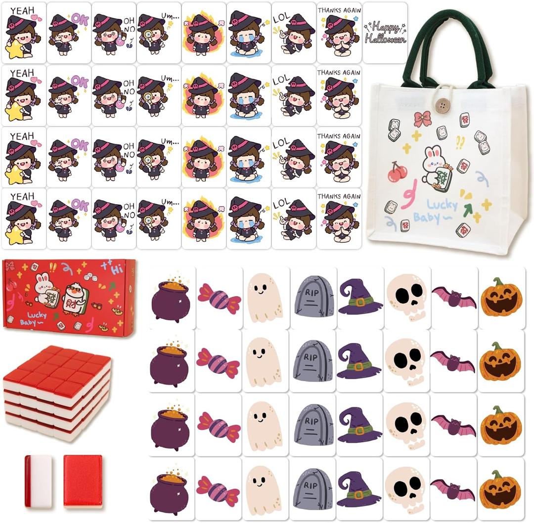 Mahjong Block Set, 65 pcs Vita Mahjong Game Set with Handbag, Portable Travel Mahjong Set for Spring Picnic, Party Gift, Seaside Game & Beach Block Games (Halloween Witch Theme)