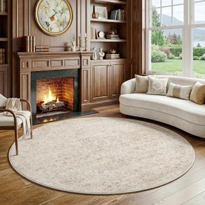 FMFUNCTEX 6ft Round Washable Beige Neutral Vintage Area Rug for Living Room