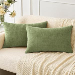 MIULEE Pack of 2 Couch Throw Pillow Covers 12x20 Inch Spring Soft Sage Green Chenille Pillow Covers for Sofa Living Room Solid Dyed Pillow Cases