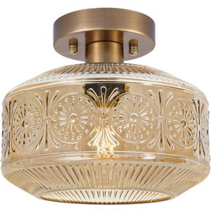 Semi Flush Mount Ceiling Light, Vintage Small Ceiling Light Fixture, Thickened Glass Hallway Lighting Fixture, Brass Kitchen Ceiling Mount Lighting with Amber Glass for Bedroom, Bathroom, Porch (9.45in)