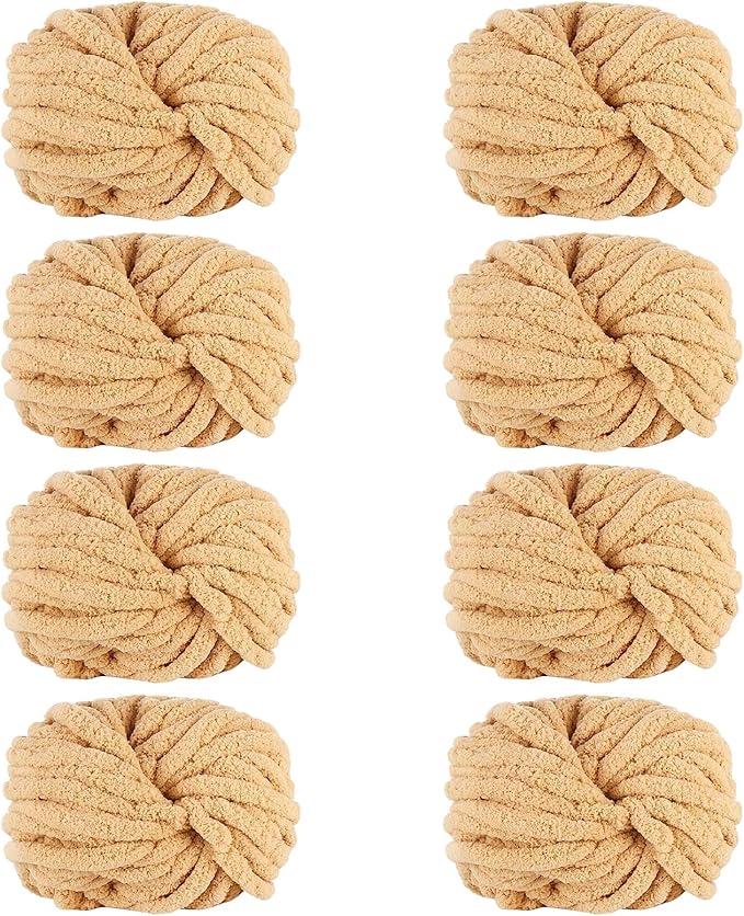 Maxee Chunky Chenille Yarn 2000g (8 Skein: 250g/8.8 oz, 27 yds) for Hand Knitting, Large Soft Fluffy Crocheting, Perfect for Crocheting Pet Nest, Blanket, Decorative Pillows（Shallow Khaki）