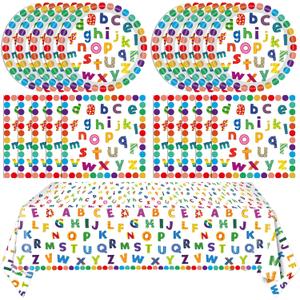 41Pcs Colorful ABC Birthday Party Decorations Alphabet Colorful Party Supplies ABC Rainbow Dots Plates Napkins TableclothKids Birthday Educations Party Classroom First Day School Party,Serv 20
