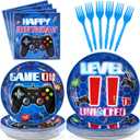 Grencian 96Pcs 11th Birthday Decorations for Boys Blue Video Game 11th Birthday Plates Disposable Paper Tableware Set for Kids Boys Girls 11 Year Old Video Game Theme Party Supplies, Serves 24