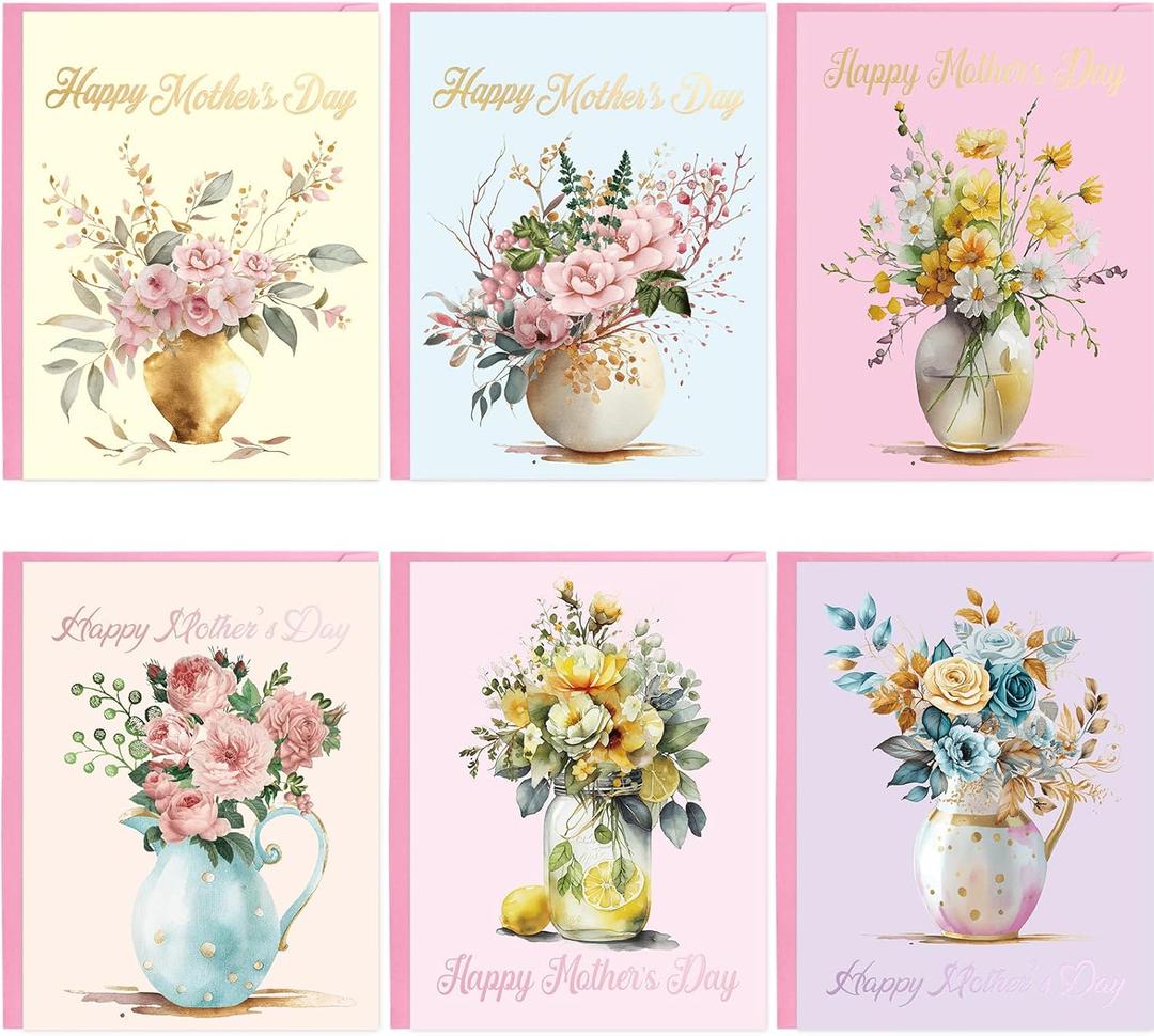 WorldBazaar Mothers Day Cards with Envelopes 24 Pack Gold Foil Mother's Day Floral Cards Bulk Flower Card Mother 's Day Gift for Mom Blank Inside