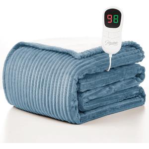 Homemate Heated Blanket Electric Throw - 50"x60" Heating Blanket Throw 1/2/4/6/8 Hours Auto-Off 10 Heat Levels Over-Heat Protection Soft Flannel Sherpa ETL Certification (11 - Light Blue (Striped))