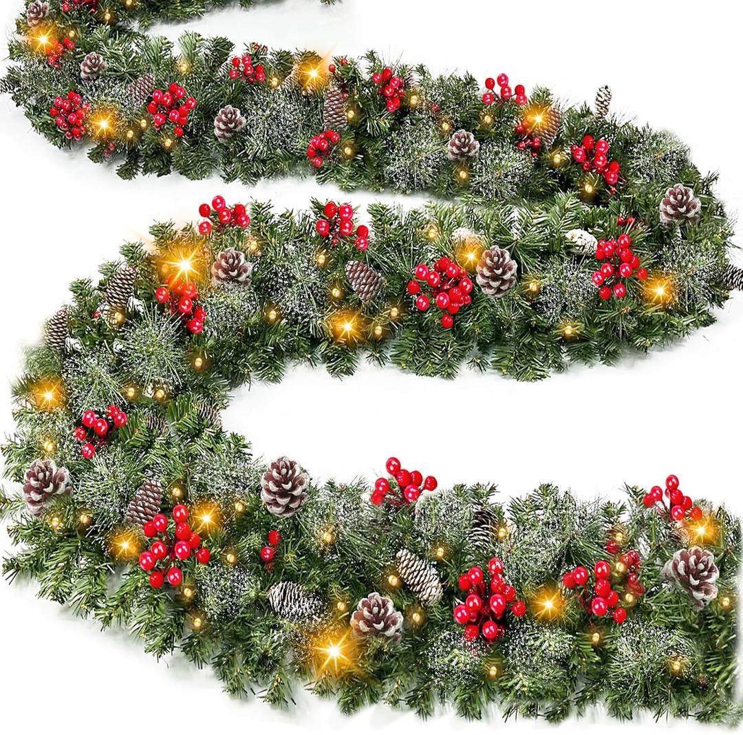 [ Timer & 8 Modes ] 9 Ft by 10 Inch 50 LED Prelit Christmas Garland Decorations Warm White Lights Thick 270 Snowy Tips 70 Red Berry 10 Pinecone Xmas Decor Garland Indoor
