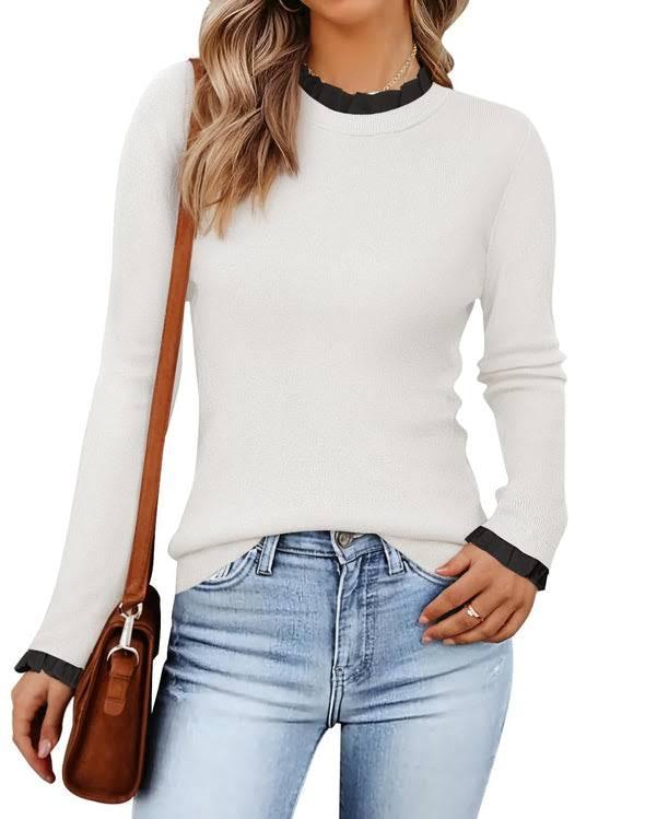 ZESICA Womens Long Sleeve Ruffle Sweaters 2026 Spring Crewneck Color Block Slim Fit Basic Casual Knit Pullover Sweater Tops, M