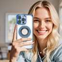 Magnetic case for iPhone 14 Pro with Full Camera Lens Protection(Compatible with MagSafe),Military Shockproof Slim Electroplate Bumper Clear Cover Built-in Invisible Ring Stand,Blue