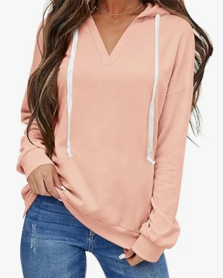 EasyGala Womens V Neck Hoodie Lightweight Long Sleeve Sweatshirts Casual Loose Drawstring Pullover Fall Fashion Top 2026 (S)