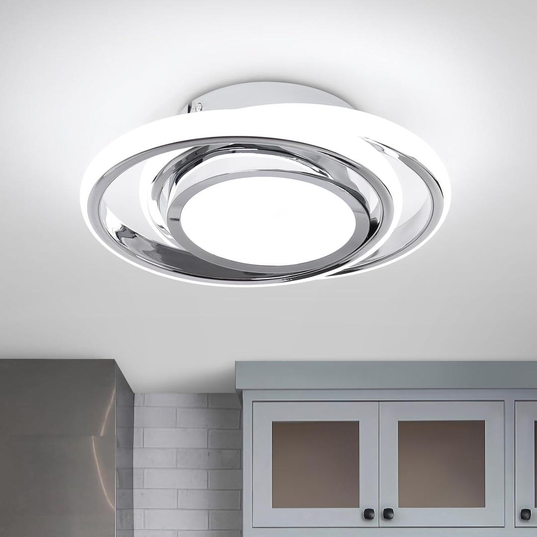 CANEOE Small Modern Ceiling Light, 6000K Cool White Round Led Hallway Light Fixtures Ceiling, Chrome Design Close to Ceiling Lamp for Hallway Kitchen Balcony Cloakroom Laundry Room
