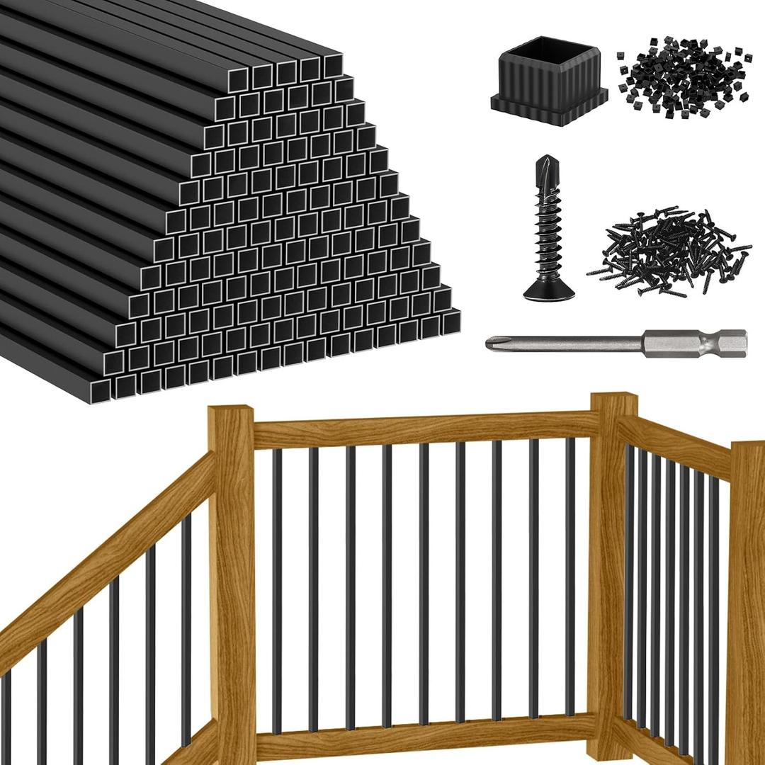 CKE 32" Square Deck Balusters, 3/4" Diameter Hollow Square Aluminum Deck Spindles, 120 Packs Black Aluminum Deck Balusters for Wood and Composite Deck Railings with Screws & Balusters Conectors S32