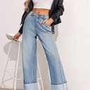 PLNOTME Womens Baggy Jeans Boyfriend Wide Leg Trendy Casual Mid Rise Cuffed Hem Denim Pants with Pockets