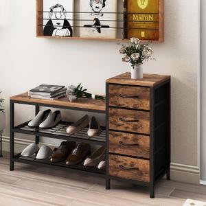 EXOTICA 3-Tier Shoe Storage Bench Industrial Entryway Shoe Rack with 4 Drawers and Seating Shoe Shelf Storage Cabinet for Hallway Front Door Doorway Living Room Mudroom Steel Frame (Rustic Brown)