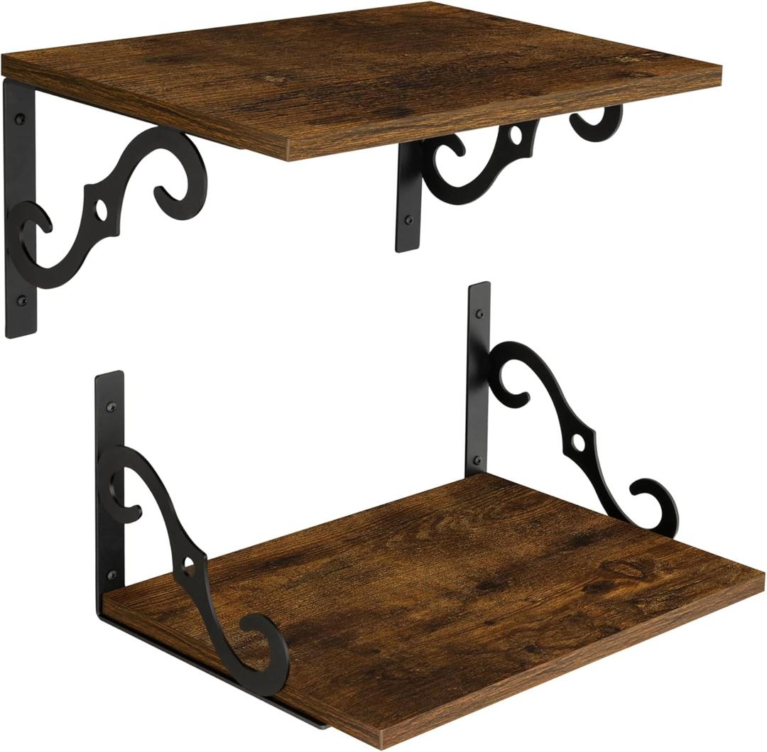 DINZI LVJ Deep Floating Shelves, 16" W x 12" D Wall Shelves Set of 2, Wide Display Shelf Wall Mounted with Brackets, Easy-to-Install Wall Bookshelf for Living Room, Bathroom, Bedroom, Rustic Brown (15.7 Inch)
