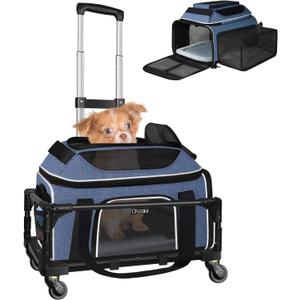 Petskd Top and Side Expandable Pet Carrier with Wheels 17x11x9.5 Inches Alaska Airline Approved, Soft-Sided Carrier for Small Cats and Dogs with Locking Safety Zippers and Anti-Scratch Mesh (Blue)