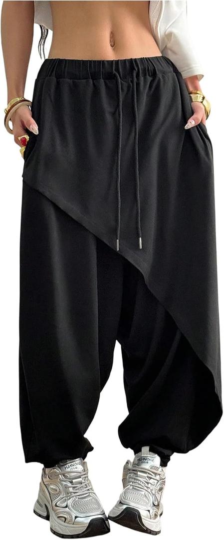 RoseSeek Women's Hippie Baggy Harem Pants Drawstring Waist Drop Crotch Trousers Asymmetrical Wrap Streetwear, XXL