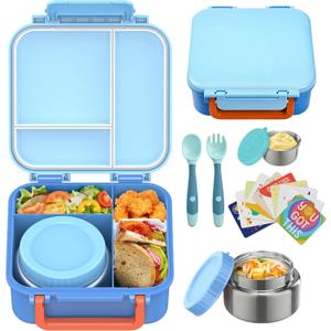 Kids Bento Lunch Box with 9oz Soup Thermo Leakproof Lunch Food Containers 4 Compartment with Insulated Hot Food Jar for Kid Toddler Girls Boys to School, Trvael (Blue)