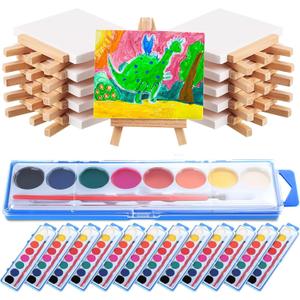 Fuutreo 24 Pcs Watercolor Paint Sets 3x4 Mini Canvas Easel Paints Brush Set Art Party Favors and Party Supplies Watercolor Paint Favors Washable Bulk for Birthday Prizes