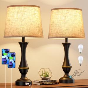 Seealle Upgraded Touch Lamps for Night Stands Set of 2 - Bedside Lamps with USB C+A, 3 Way Dimmable for Bedroom Living Room End Tables Office