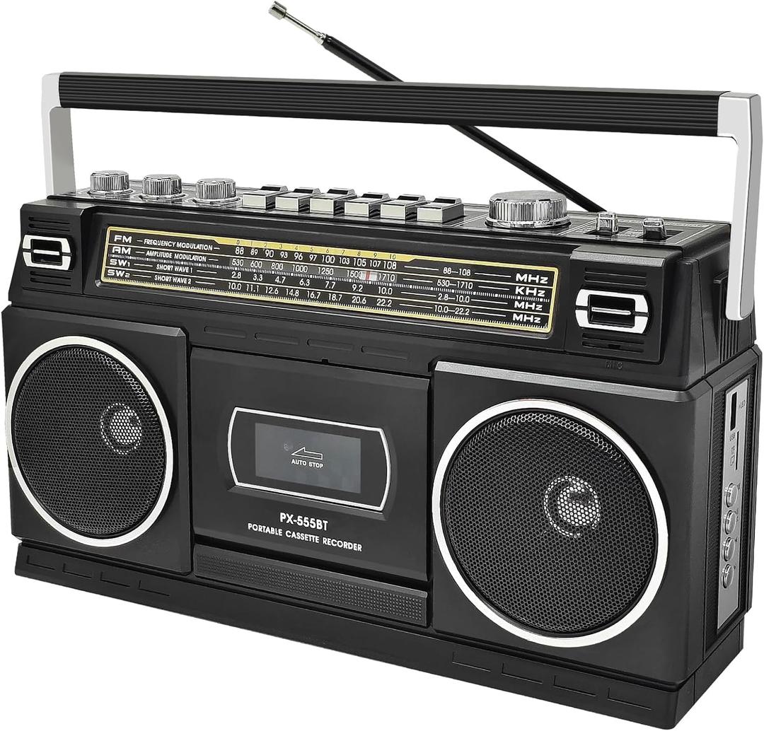 Cassette Player Boombox with Bluetooth, AM/FM/SW Radio & Record to USB, 24W Stereo Sound, 4 Power Modes, Portable Retro Stereo for Indoor Outdoor, Classic Black
