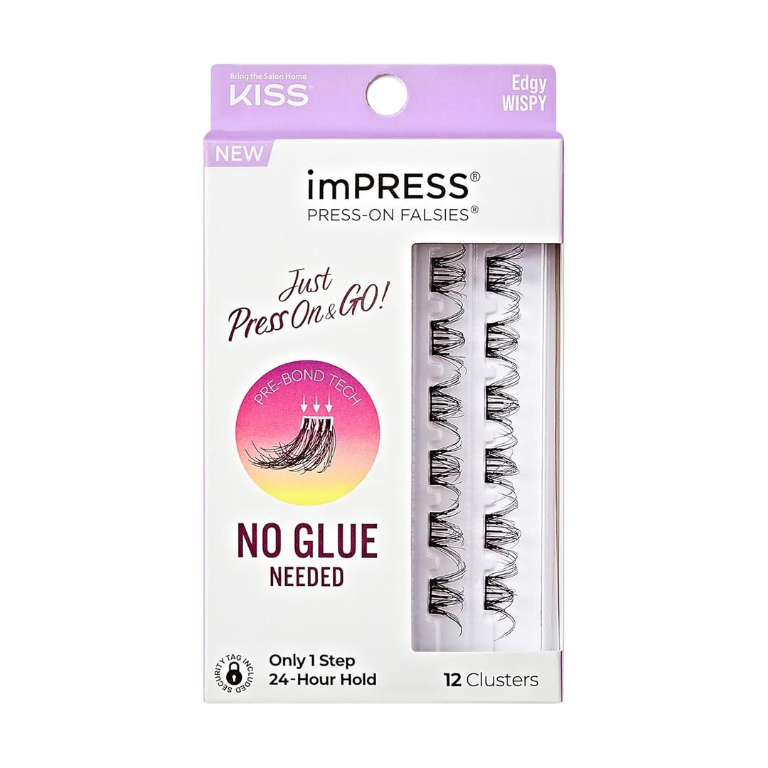 KISS imPRESS Falsies Press On Self Adhesive Eyelashes, 14mm-16mm Natural Volume Press On Lashes, Black, No Glue Needed, Invisible Band, 12 Lash Clusters - Edgy (1 pair (Pack of 1))